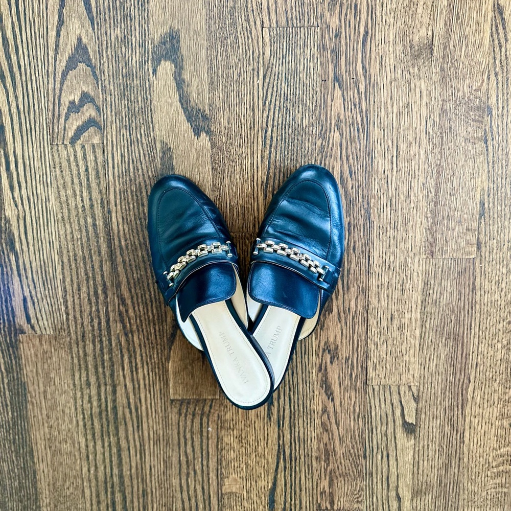 Women's Ivanka Trump Black Loafers with Gold Chain Detail